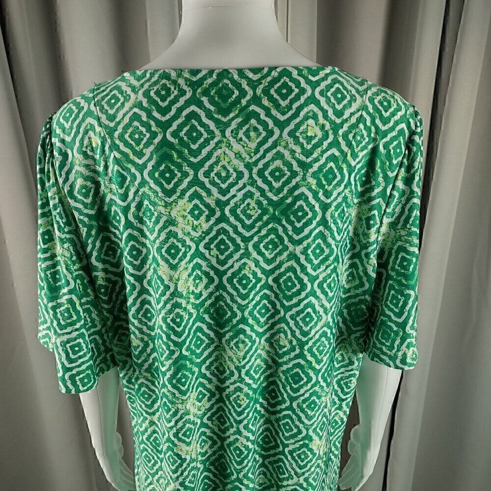 Kim Rogers Green White Geometric Sheath Midi Dress Stretch Elbow Sleeve L - Picture 4 of 10